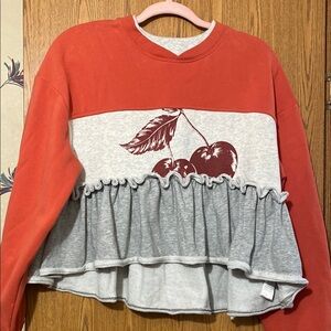 BDG Red Orange and Gray Cherry Print Ruffle Sweatshirt